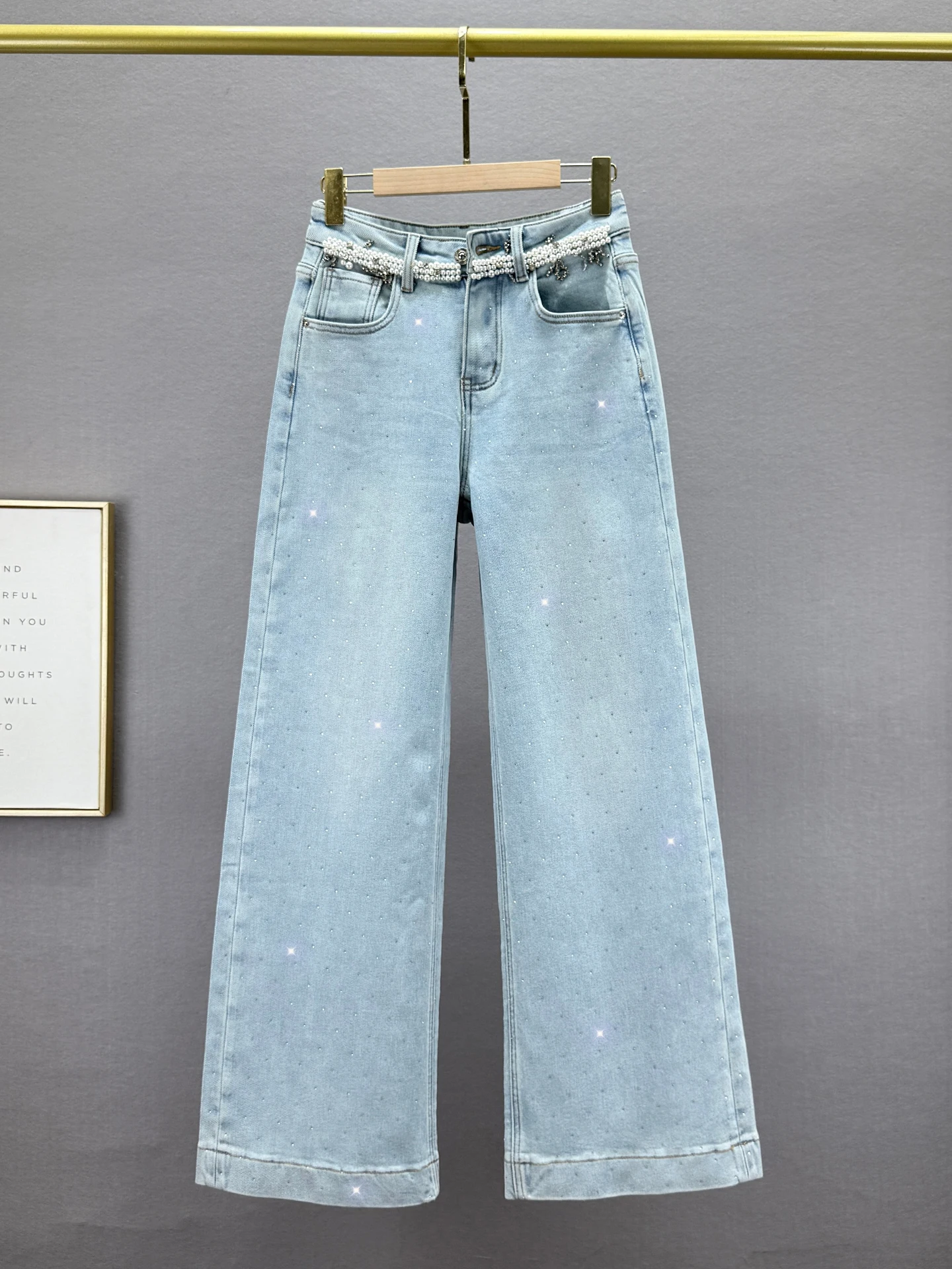 

Fce Lined Heavy Du Wide Leg Jeans Women's High Waist Bootcut Pants Diamond Embellied Winter Faion Casual Denim