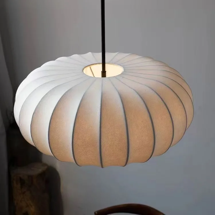 Japanese White Silk Drum Pendant Lamp Handmade Wabi Sabi Lighting Dining Room Shops Study Room Retro