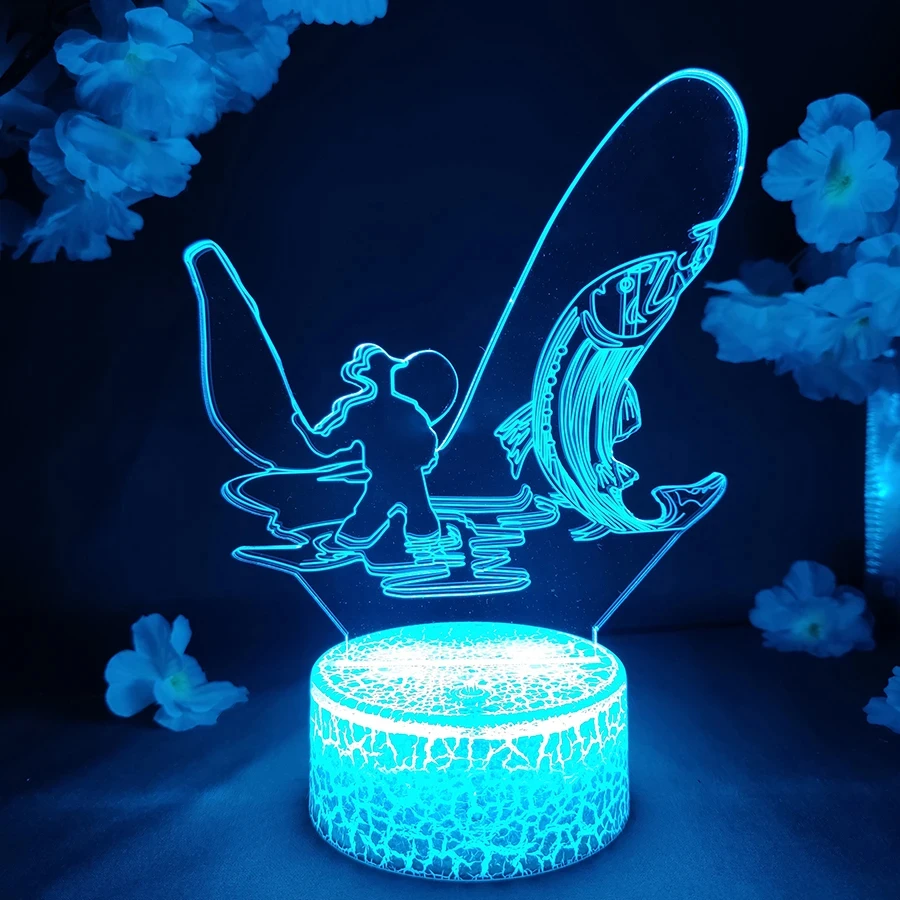 Sea Lake Shore Fishing 3D Illusion Nightlight Cool Xmas Birthday Gift for Father Brother Bedroom Study Room Desk Decoration