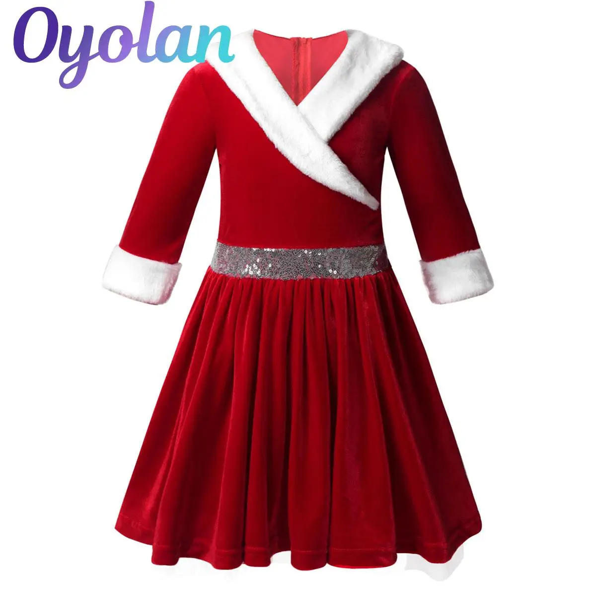 

Kids Girls Christmas Xmas Mrs Santa Claus Princess Cosplay Costume Faux Fur Trimming Velvet Figure Skating Twirling Ballet Dress