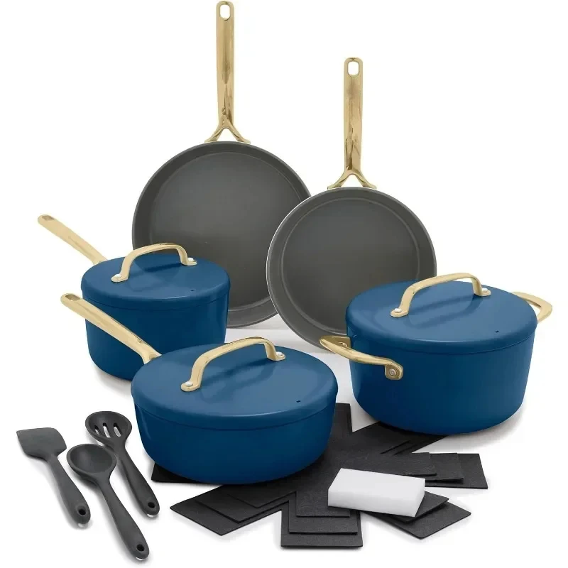 

Cookware Pots and Pans Set, Hard Anodized Healthy Ceramic Nonstick PFAS-Free, Champagne Handles, Heavy Gauge, Stay-Flat Surface