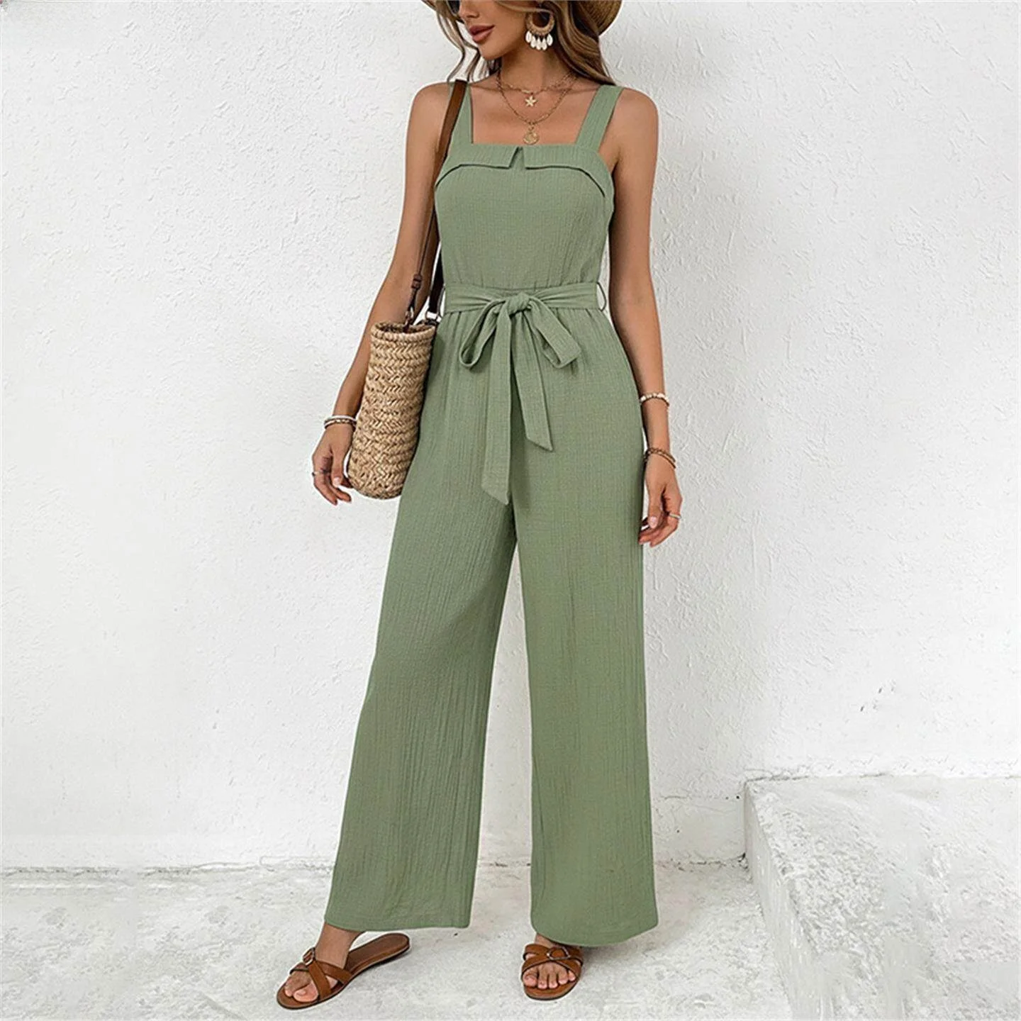

Hot Girl Casual Sleeveless Strap Romper Pants Texture Women's Fashion Set Lightweight Long Pants Spring Summer New Arrival