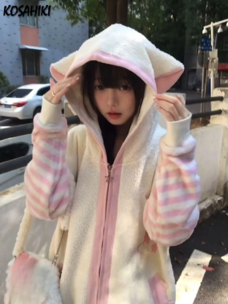 Y2k Aesthetic Lamb Wool Hoodies Women Causal Loose Kawaii Cute Harajuku Hoody Harajuku Stripe Patchwork Grunge Zipper Sweatshirt