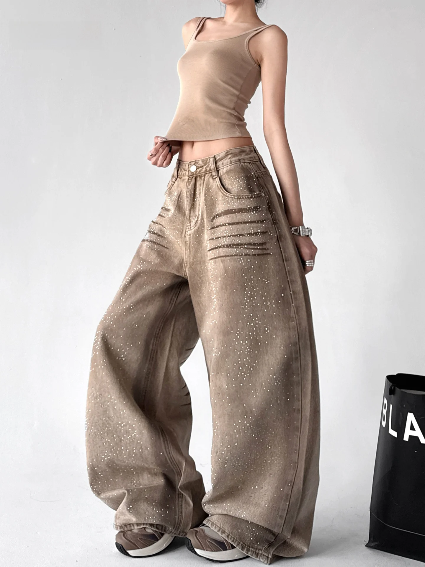 

Retro American High Waist Wide Leg Jeans Women's High Street Sle Straight Design Sensation Long Pants Diamond Embellied