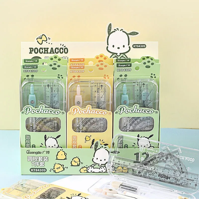 2/6bag Sanrio Pochacco 7pcs Set Stationery Set Ruler Eraser Pencil Compass Study Tool Student School Drawing Supplies Stationery