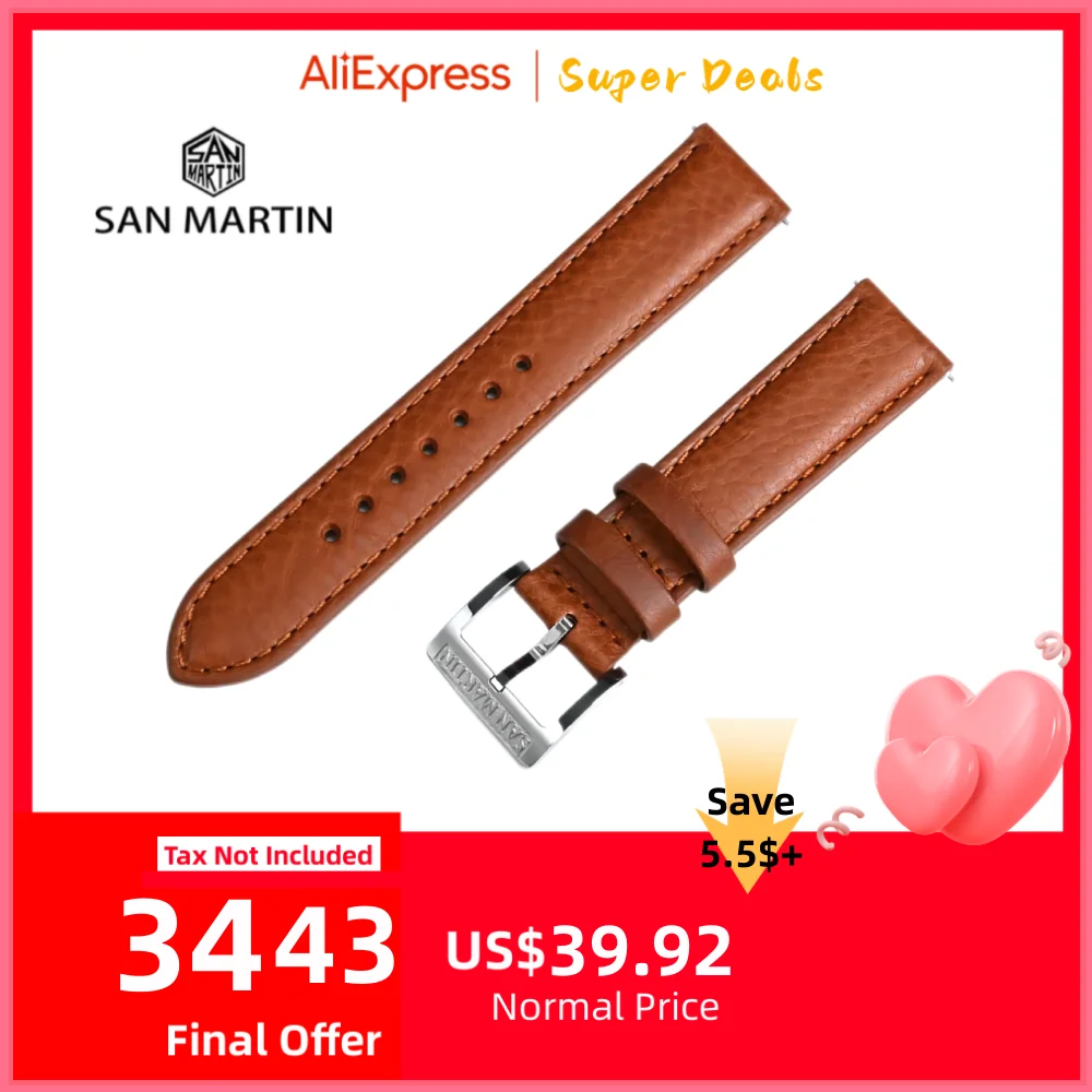 

San Martin Watchband Leather 20mm Natural Litchi Pattern Full Grain Textured Cowhide Watch Strap Band Sweat Comfortable BD0013