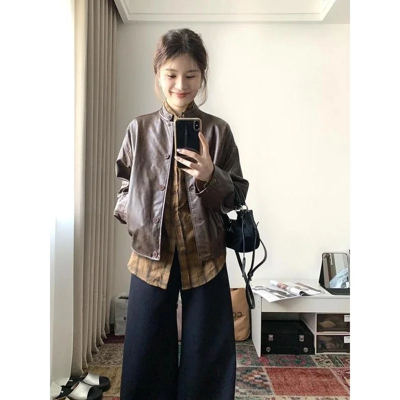 

American Style Short Leather Coat for Women Autumn Fashion Lazy Style Loose Design Retro Small Stand up Collar Motorcycle Jacket