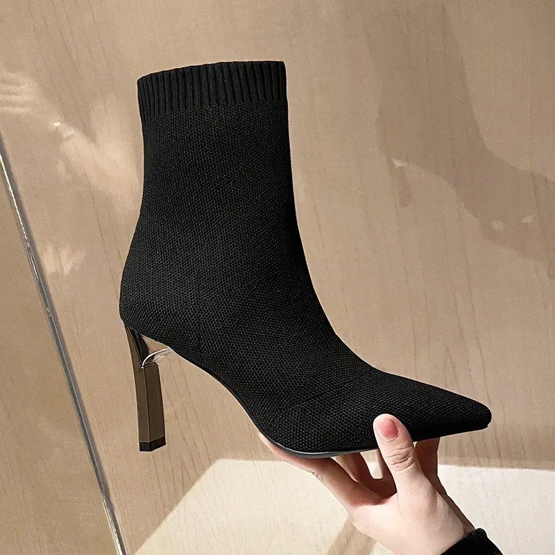 Metal Blade Heels Socks Boots Women Stretch Fabric Elastic Stilettos Heel Pointed Toe Ankle Boots Shoes Woman Boats2021