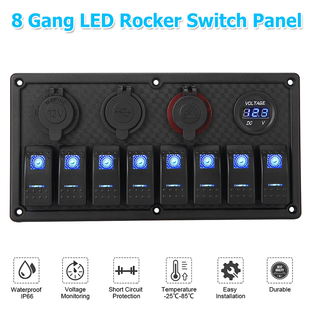 8 Group Marine Rocker Switch Panel Waterproof LED Toggle Switch With Lamp With Fuse Circuit Breaker Protection Control Mounting