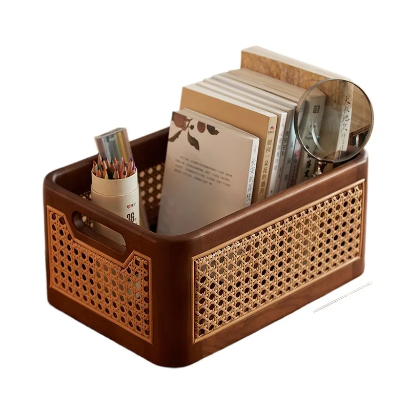 

Rattan Storage Basket Luxury Organizer Bin Rectangular Handled Box for Desk Home Cosmetics or Kitchen Accessories