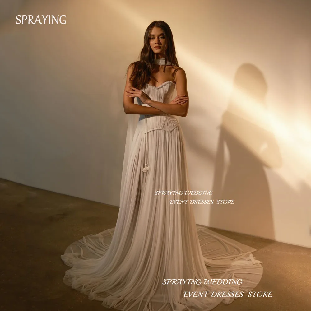 

SPRAYING Simple A-line Wedding Dress Photo Shoot Sleeveless Chapel Train Vestidos Novias Boda Sweetheart Collar Party Gown Dress