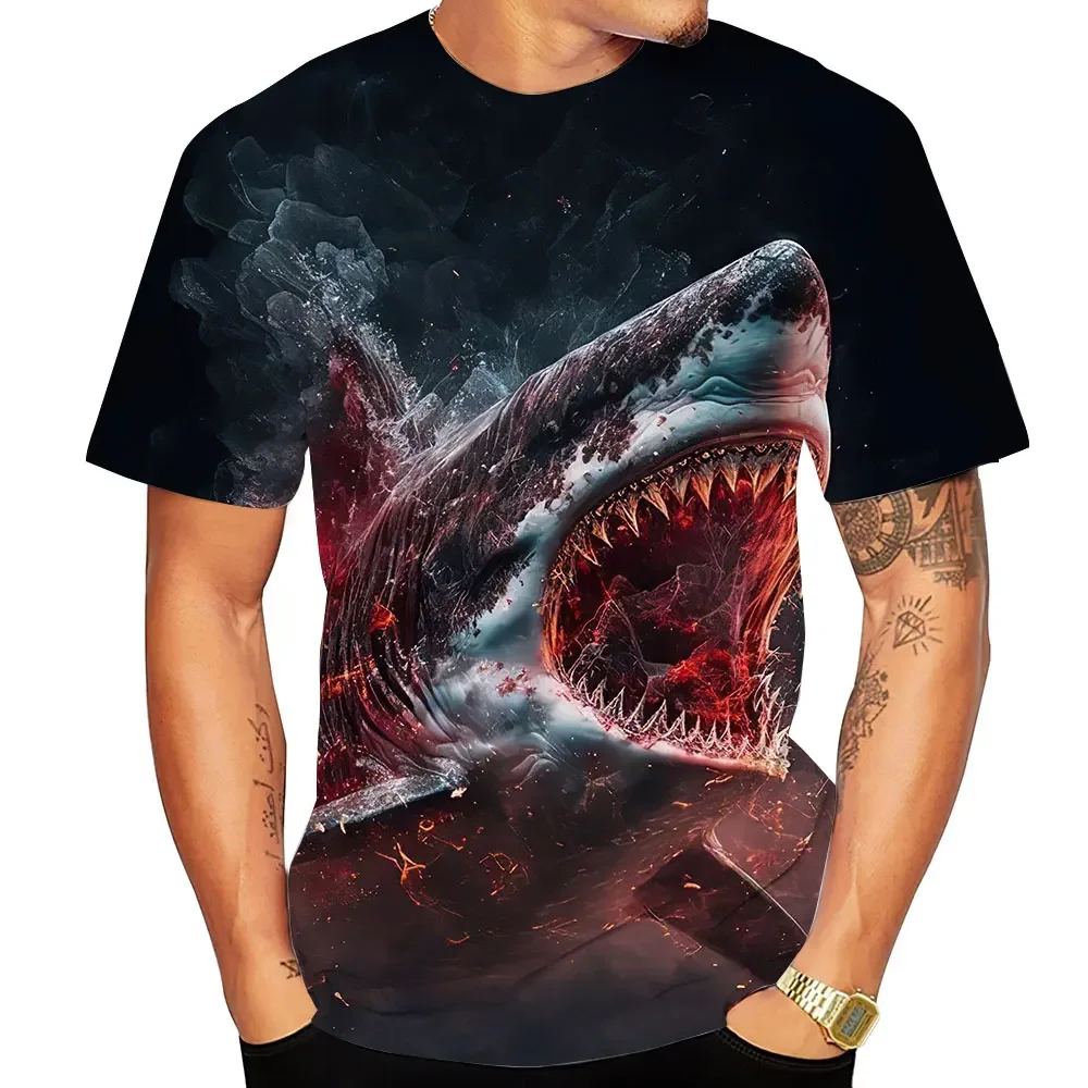 Men Summer Loose T-shirt Large Short Sleeve 3d Printed Shark Pattern Fashion Trend Plus Size Street Hip Hop Top Clothing