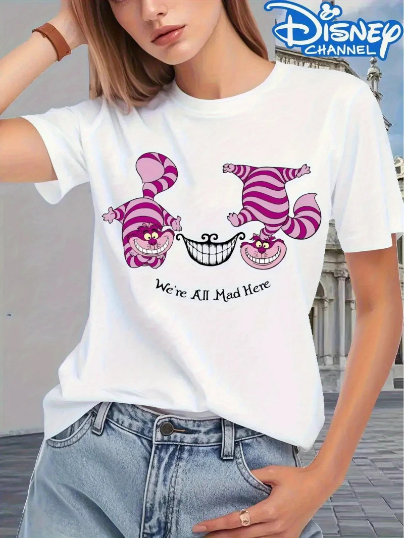 Women Disney Alice in Wonderland Cheshire Cat T-shirt Iconic The Mad Hatter Cat and "we Are Crazy" Pink and Black Stripe Design