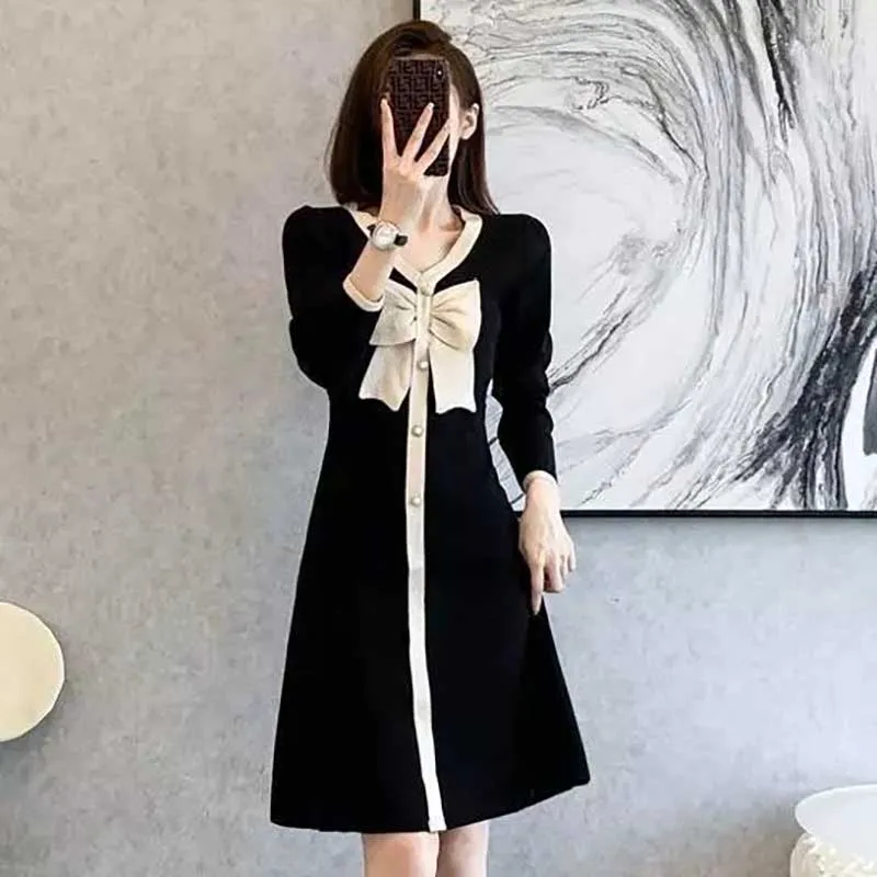 

Fashion V-Neck Button Spliced All-match Bow Mini Dress Women's Clothing 2023 Autumn Winter Loose Commuter Ladies Dresses