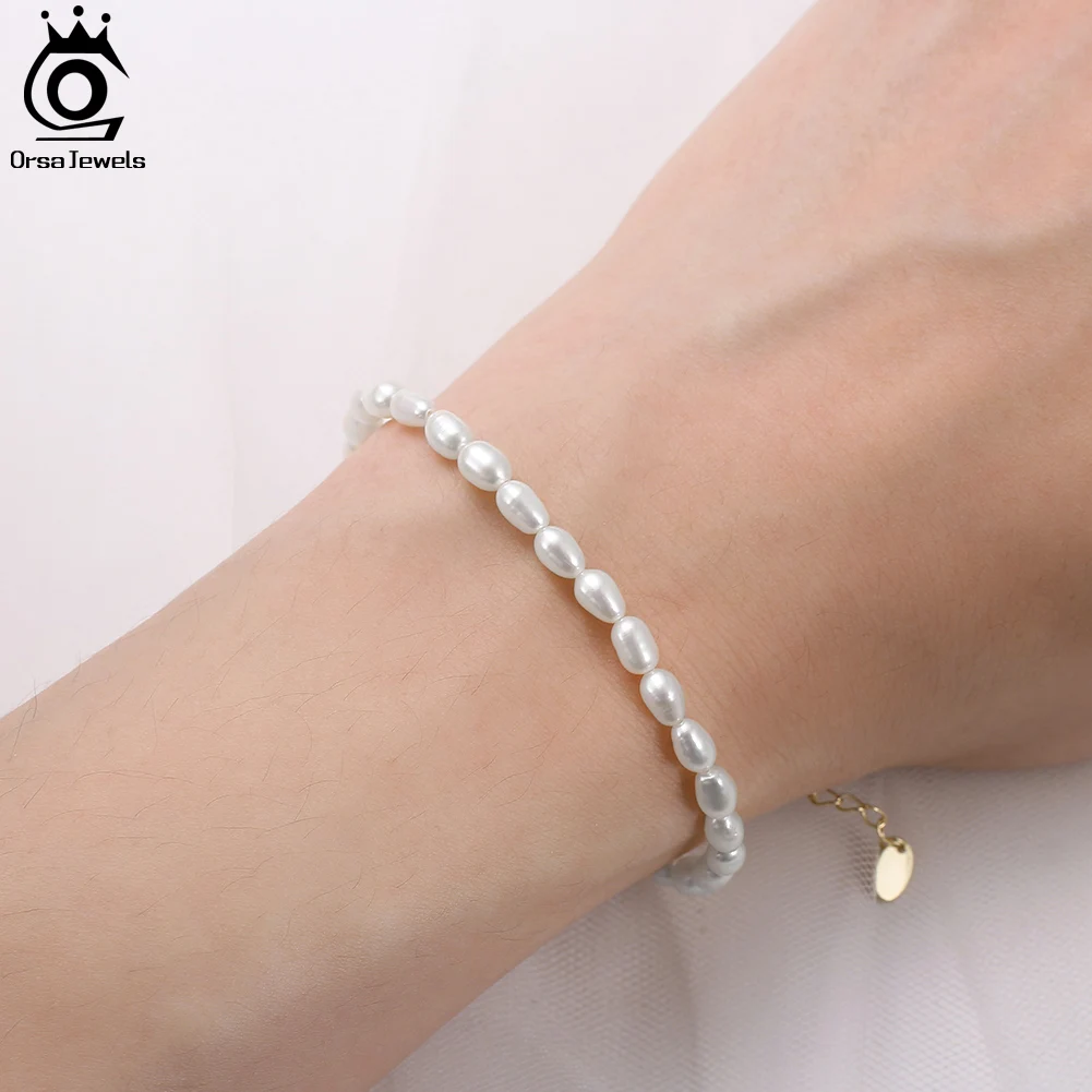 

ORSA JEWELS Rice Shape Natural Freshwater Pearl Bracelet 925 Silver Simple Baroque Pearl Bracelets Birthday Wedding Gift GPB15