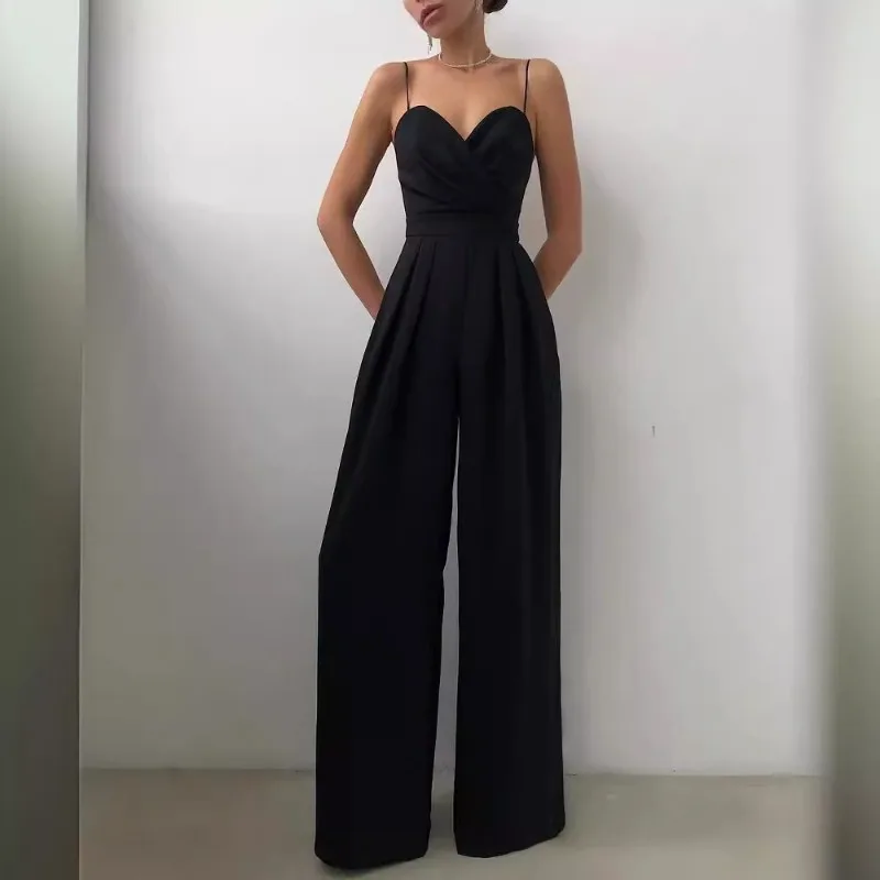 Elegant Women Corset Jumpsuit Overalls 2024 Strap V Neck Straight Pants Chic Loose Wide Leg Trousers Romper Onepieces Streetwear