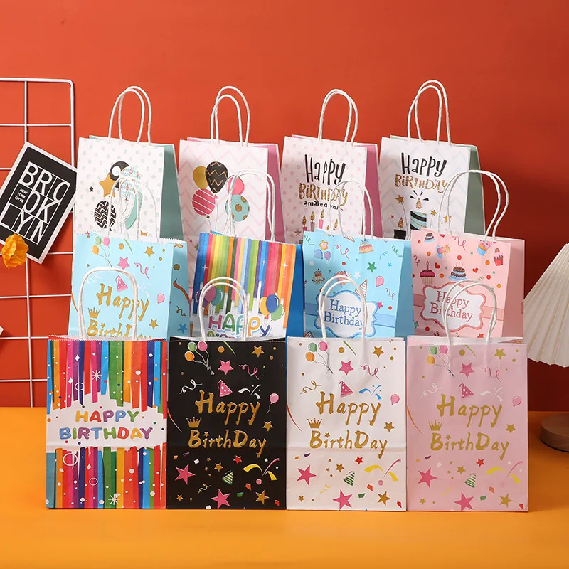 Sacs d'emballage cadeaux en papier thème joyeux anniversaire, 12 pièces, fourre-tout de Shopping en forme d'étoile de ballon pour enfants, décoration de fête prénatale d'anniversaire