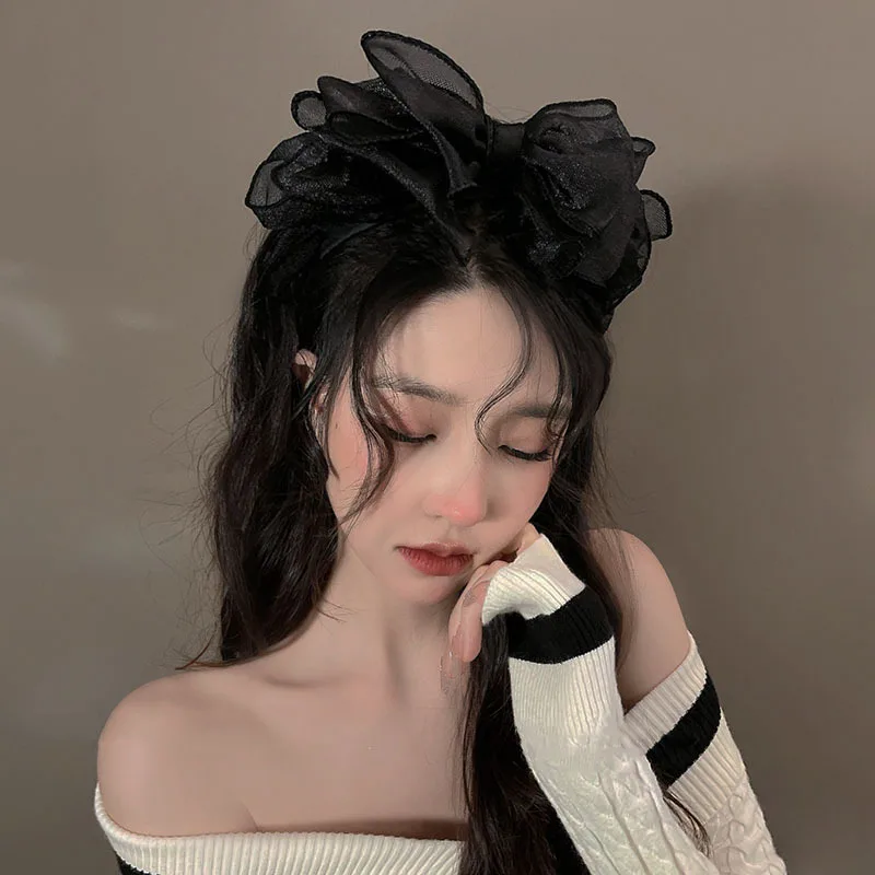 Fashion Black Mesh Big Bow Headband for Women Elegant Bow Hairband Korean Fairy Hair Hoop Sweet Girls Hair Accessories