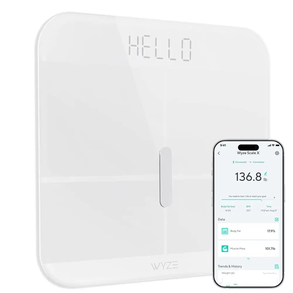 

Smart Digital Bathroom Scale with Body Composition Analysis, Heart Rate Monitor, and LED Display - White