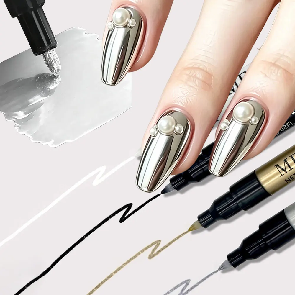 1Pc Nail Metallic Drawing Pen Black White Gold Silver Nail Liner Pen Quick Dry Painting Pen DIY Nail Graffiti Line Design Tools