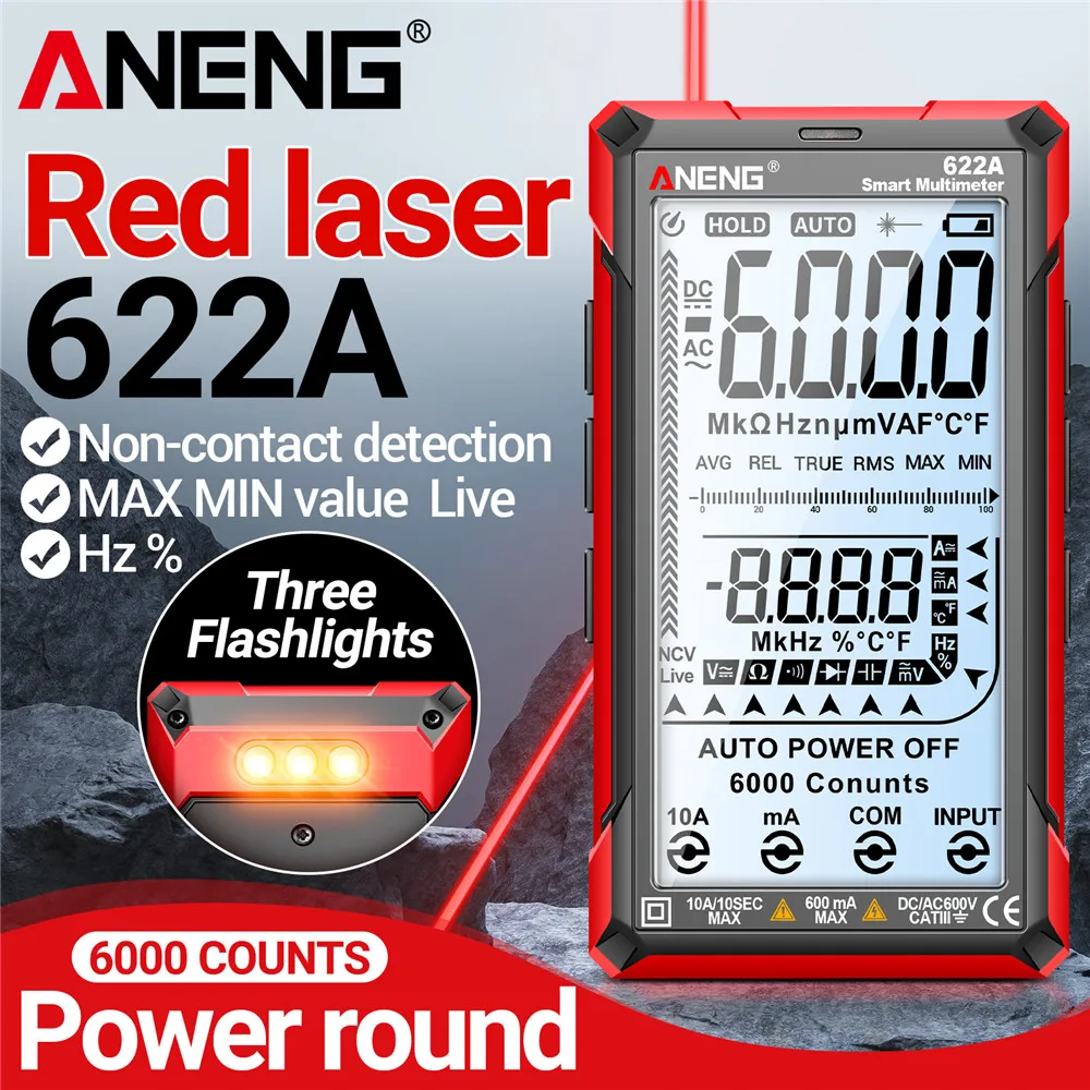 

Цифровой мультиметр ANENG 622A с 6000 измерениями, True RMS, лазерной указкой, автоматическим выбором диапазона, тестер напряжения и тока AC/DC