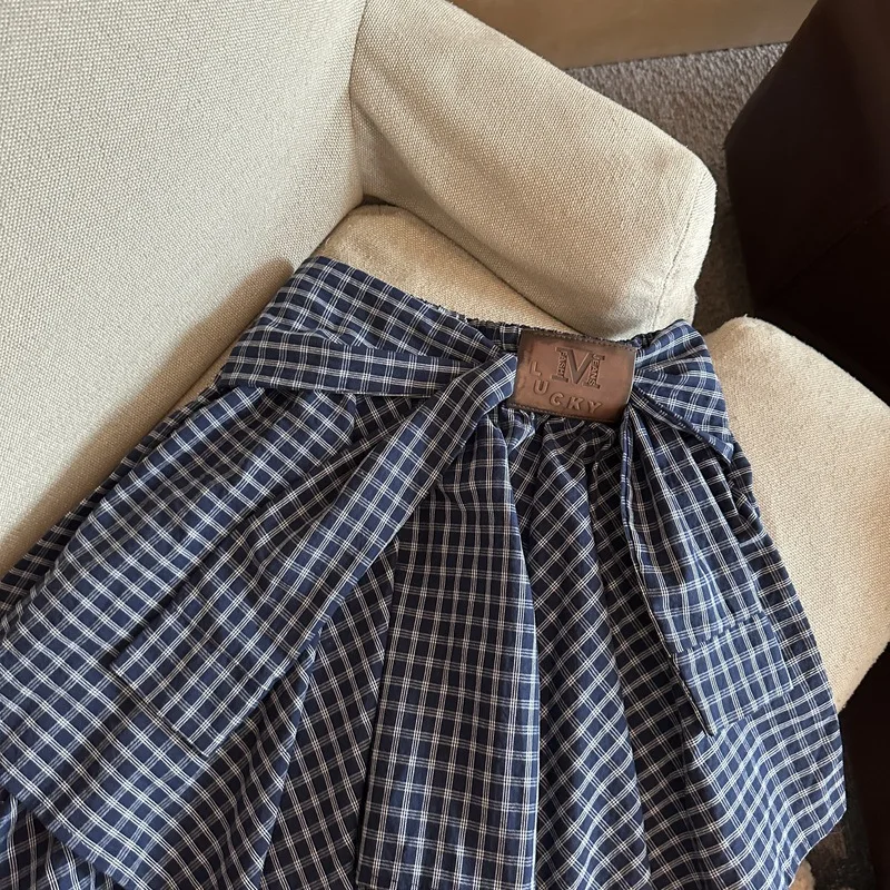 Spring Summer Asymmetrical Fake Two-Piece Shirt Skirt Girls Ladies Fashion High Waist Plaid A-Line Skirt for Women