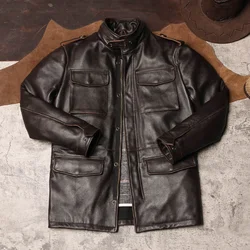 LNY Shop Top.58-60 size Classic hunting M65 genuine leather jacket,Cowhide safari style long windcoat,Winter warm leather cloth