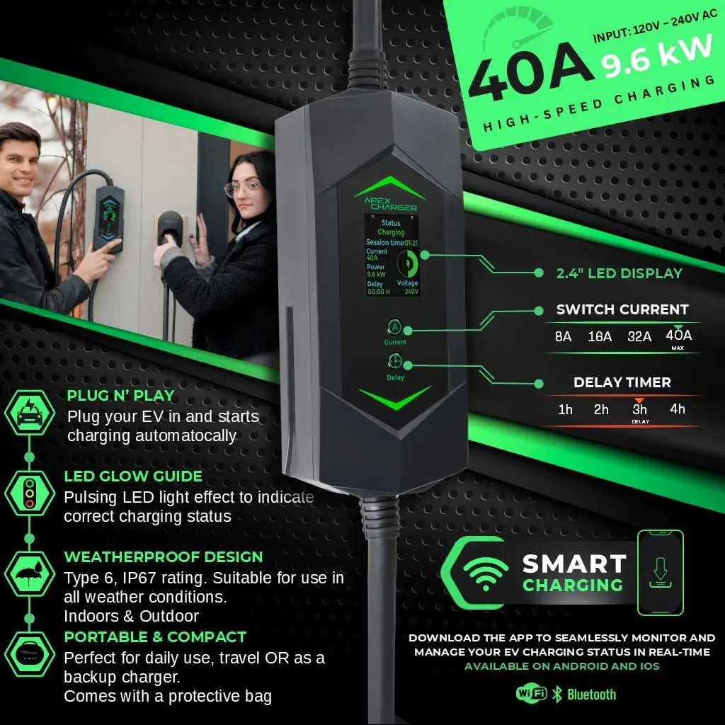 MACH 3 Fast 40A Level 1/2 EV Charger, 120-240V NEMA 14-50, SAE J1772 & NACS, 25ft Cable, Outdoor EVSE