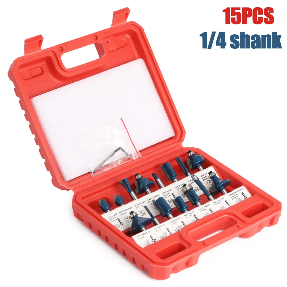 Woodworking Milling Cutter Plastic Box Set Trimming Machine Engraving Machine Combination Woodworking Tool 1/4 Handle Set 15PC