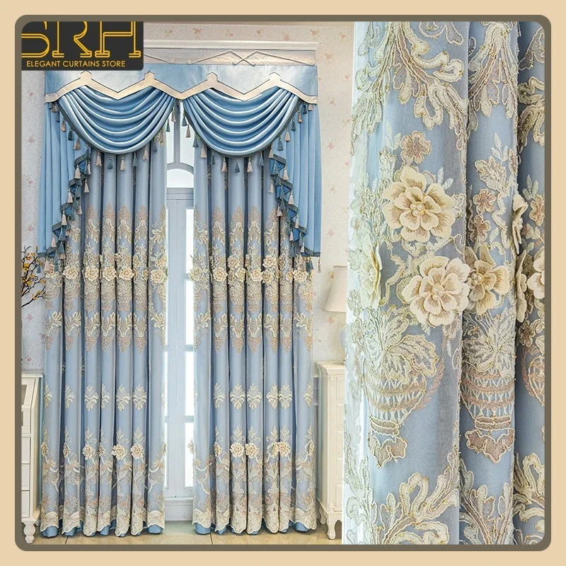 

Simple Double-layer Curtain Fabric Gauze Integrated Blackout Living Room Bedroom Relief Embroidery Blackout Blue Valance Custom