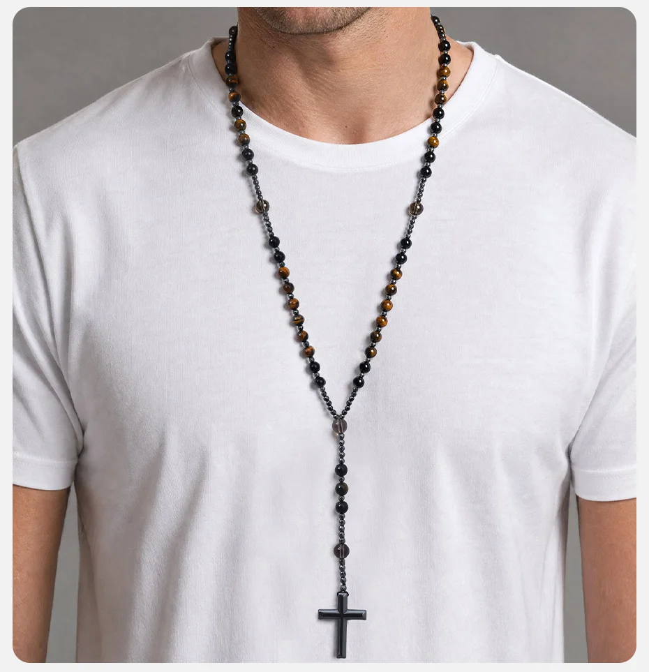 Vnox Herren Rosenkranz-Halskette, Hämatit-Kreuzanhänger, Lavastein-Tigerauge-Perlen, lange Kette, religiöser christlicher Gebetsschmuck, Geschenk – Detail 3