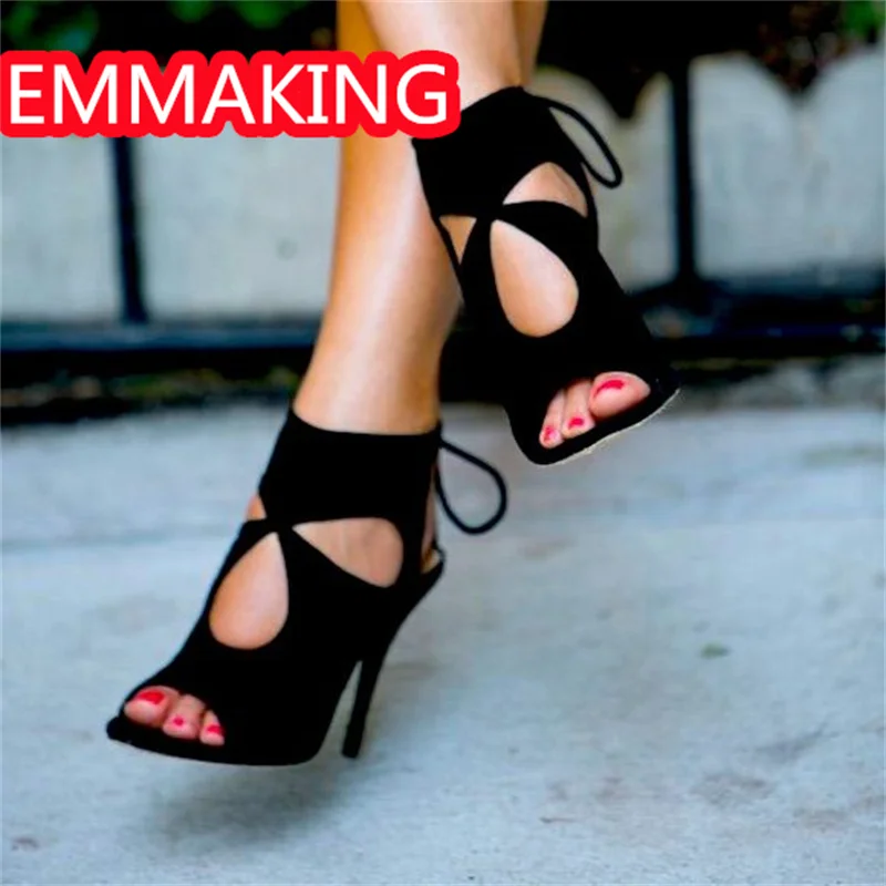 جوفاء مثير عالية الكعب النساء الصنادل 2024 قطيع موضة المصارع السيدات الدانتيل يصل فستان جولة تو الصيف أحذية الحفلات حجم 44