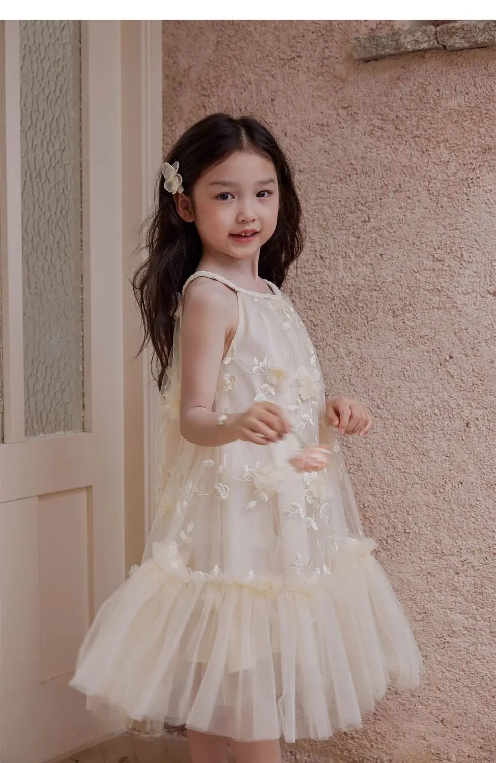 New Girls Summer Dress Halter Neck Tulle Dress 3D Floral Applique Kids Fairy Princess Birthday Party Gown