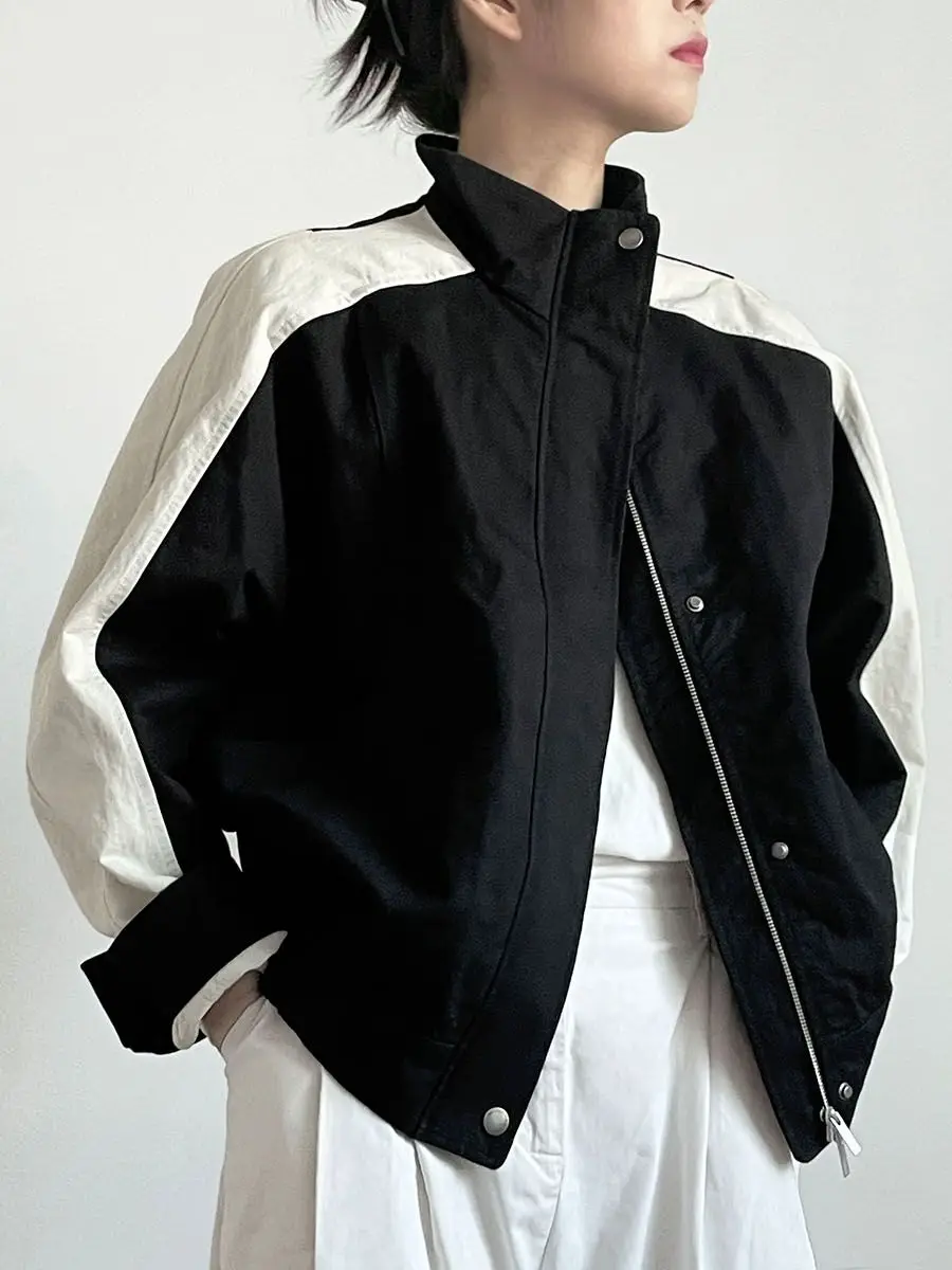 

Spring And Autumn Coat Women's Stand Up Collar Color Blocked Versatile Short Casual Jacket Top