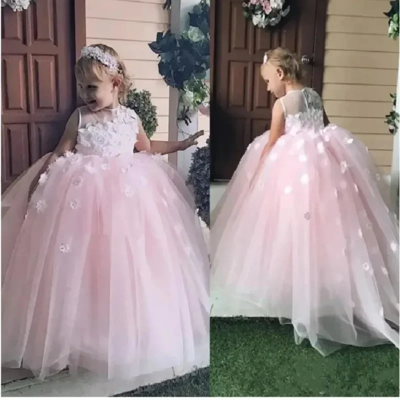 Abito da ragazza di fiori rosa senza maniche a-line o-collo lunghezza del pavimento bambina bambini matrimonio festa di compleanno Prom Holiday Dress