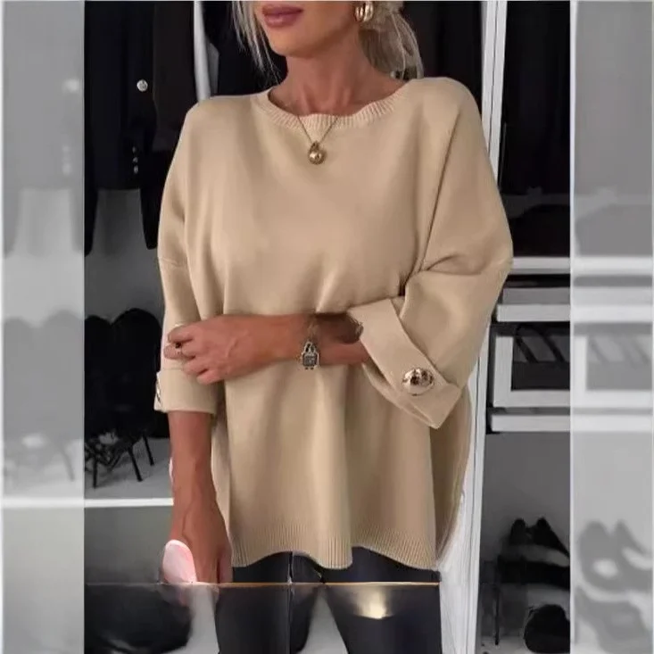 Women's Color round Ne mid Sve Knitted Casual Top Comfortable Fit Sweatirt Polyester Blend Fabric Autumn Season