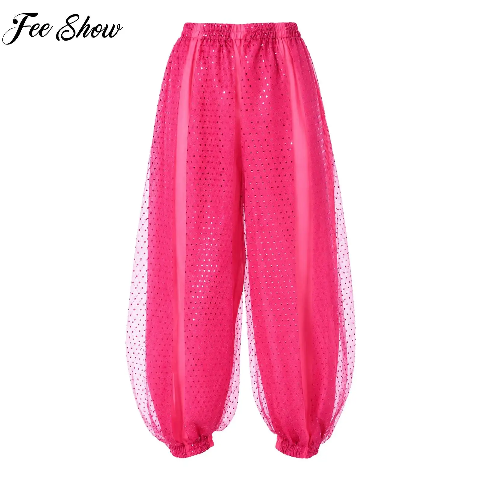 Pantalones de danza del vientre con lentejuelas y brillo para mujer, con capas de tul y cintura elástica, ideales para danza india, pantalones de jogging y ropa de danza lírica.