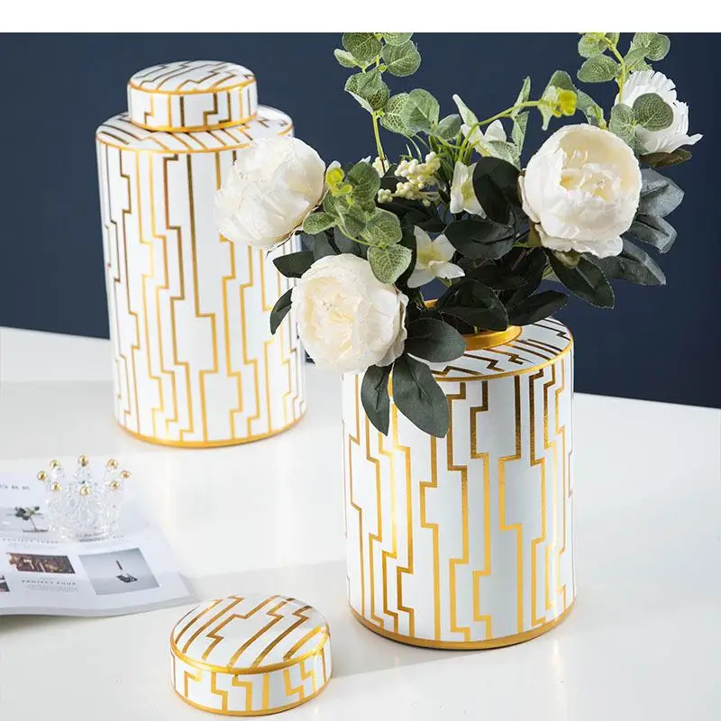 Gilded Ceramic Candy Jars with Lid Geometric Lines Storage Jar Sugar Porcelain Tea Caddy Flowers Vase Nordic Home Decor