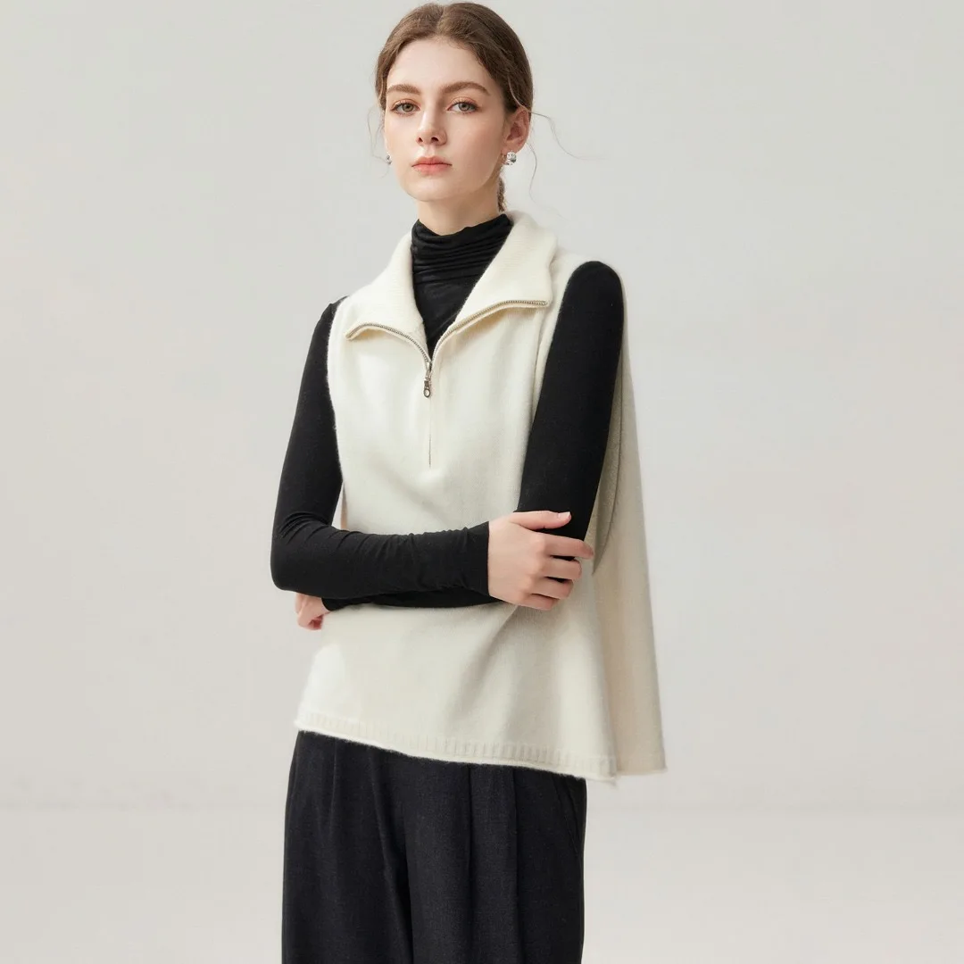 Women's 100% cashmere knitted pullover vest Turtleneck sleeveless sweater loose oversize outerwear fashion Tops zipper Jumper
