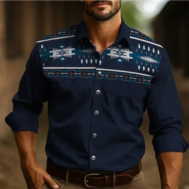 2025 Men's Retro Shirt Ethnic Wear Western Shirt Tribal Pattern Retro Black Gray Soft Comfortable Long Sleeve Clothing New Style