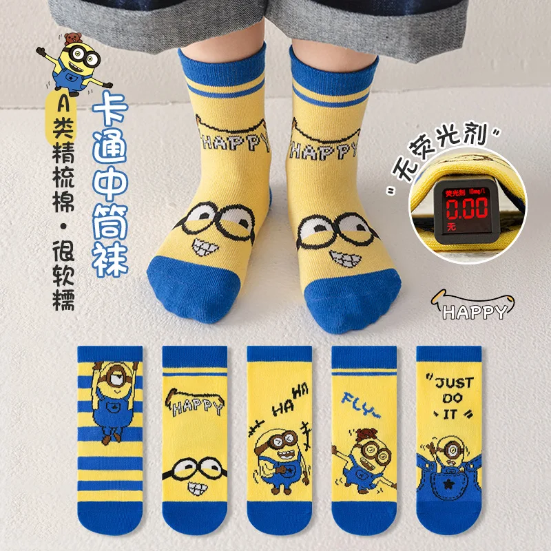 

5Pairs Minions Mid-Calf Socks Cute Cartoon Anime Despicable Me Sweat-absorbing Breathable Cotton Socks Suitable For 1-12Y Gift