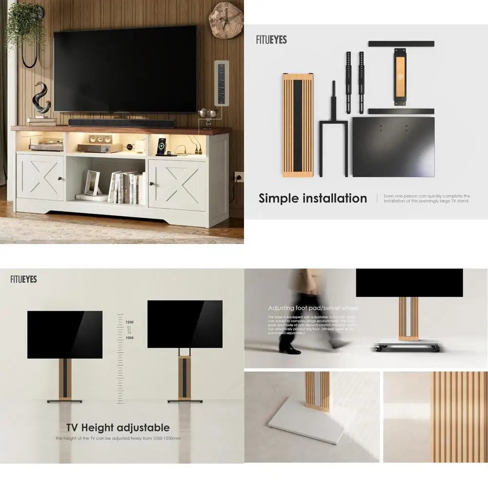 Farmhouse Style Entertainment Center Console Table for 65 Inch TVs with LED Lighting, Power Outlet, and Storage Cabinets
