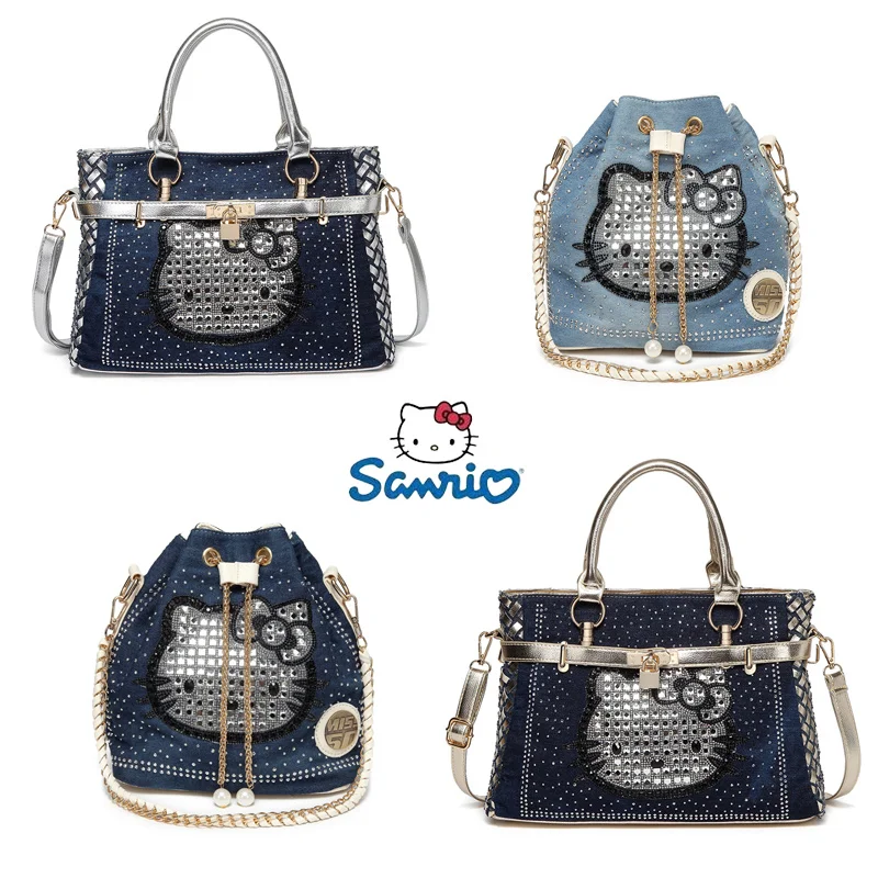 

Sanrio New Hello Kitty Women Bag Denim Canvas Bag Women's Diamond Chain Bag Hello Kt Cat Texture Handheld Crossbody Bucket Bag