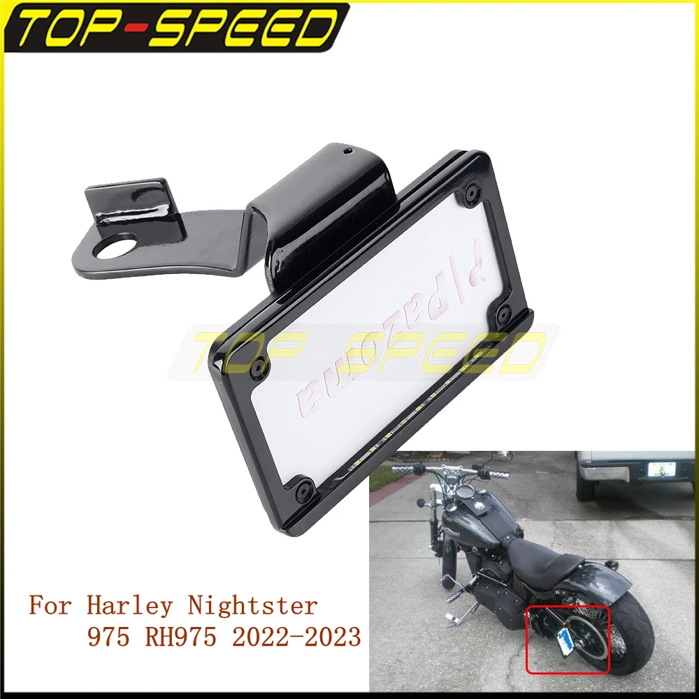 

Motorcycle Side Mount License Plate Holder Bracket LED Light Frame Aluminum Accessories For Harley Nightster 975 RH975 2022-23