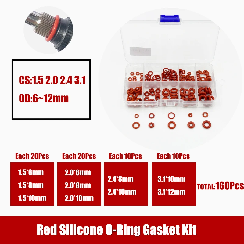 

Red Silicon O-ring SIlicone/VMQ CS1.5/2/2.4/3.1mm Food Grade O Ring Seal Gaskets Oil Resistant Washer High Temperature Oring Kit