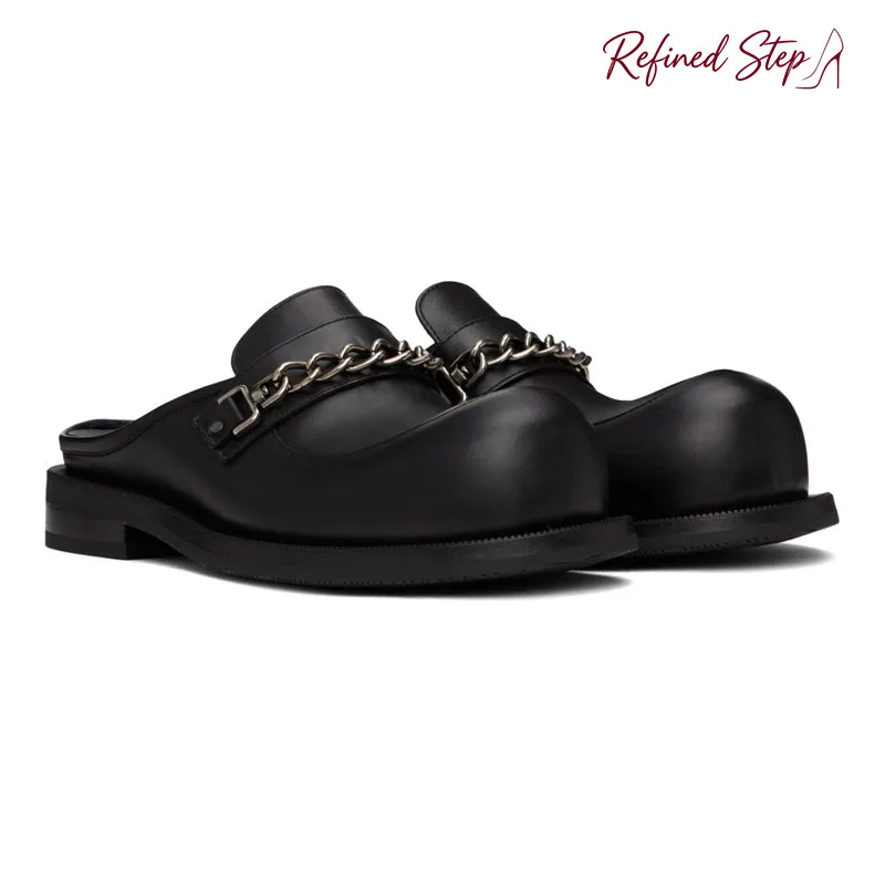 Round Toe Chunky Flat Half Slippers Metal Button Chain Men Shoes Retro Casual Flat Man Shoes Slip-on Summer Comfortable Loafers