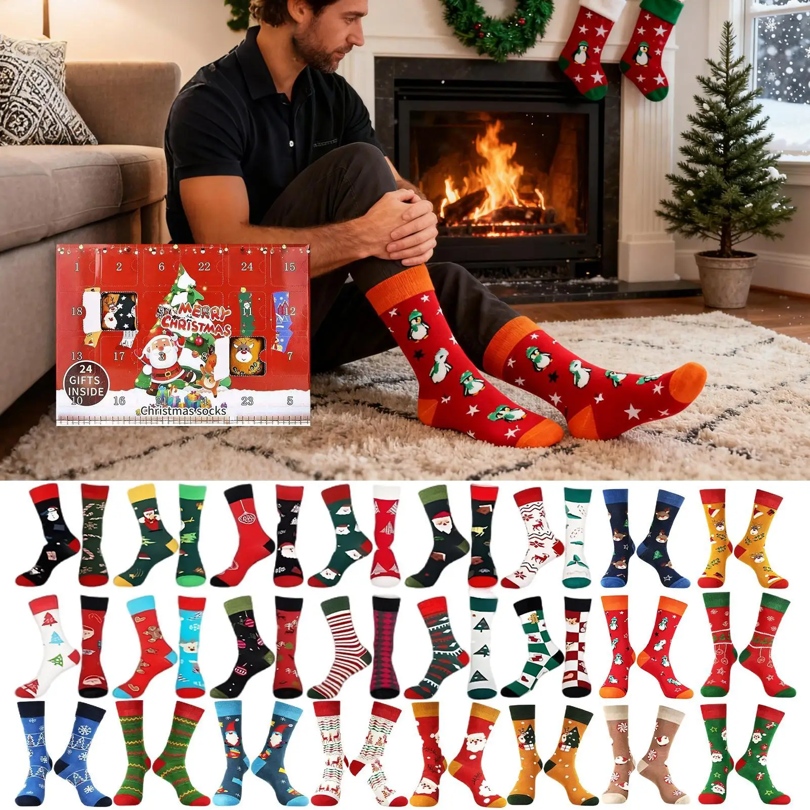 

Рождественские носки с обратным отсчетом, 24 пары, хлопковые забавные носки с адвент-календарем, подарок для взрослых, мужчин, женщин, любителей, семейная вечеринка