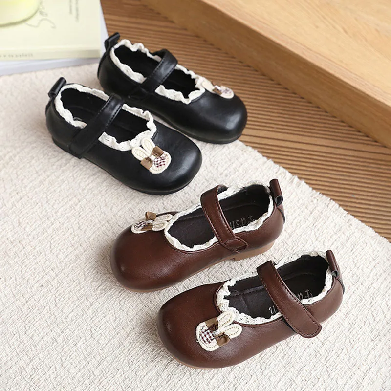 

23-34 Size New Spring Girls Leather Shoes Cartoon Soft Sole Children Shoe Bunny Lace Kids Breathable Single Shoe