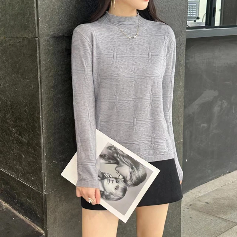 Herbst neue Mode lose Jacquard Muster halbhohen Hals gestrickt Top elegant einfarbig gestrickt Pullover Sueter Mujer 30905