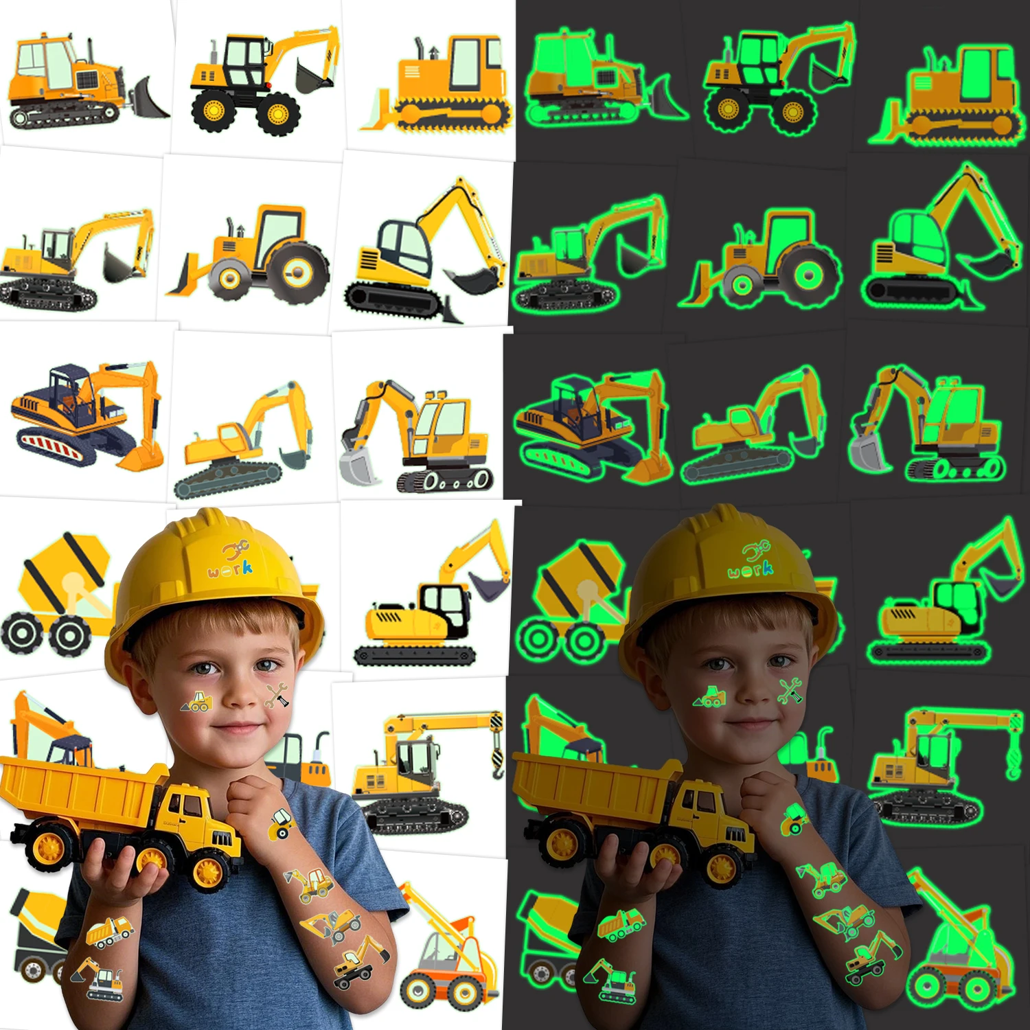 10 Glow-in-the-Dark Construction Vehicle-Themed Temporary Tattoos, Which Can Be Used as Themed Decorations, Gifts and Prizes.